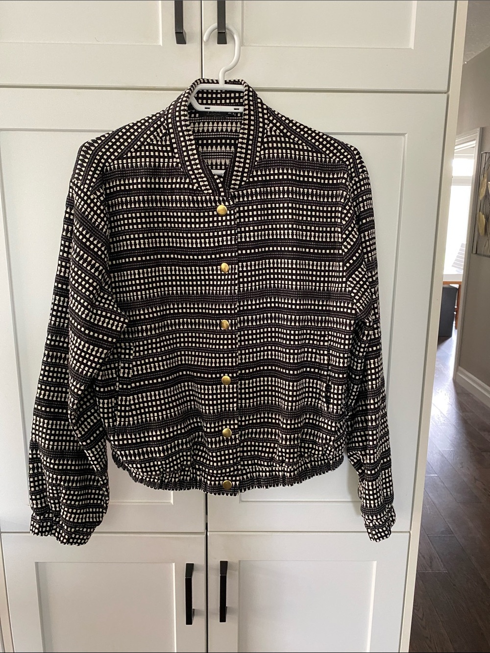 Women's Black & White Patterned Bomber Jacket with Gold Buttons
